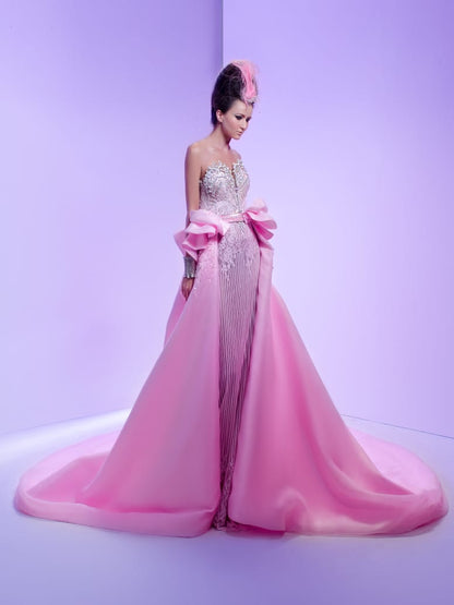 Blush Pink Sculpted Column Gown with Voluminous Detachable Overskirt
