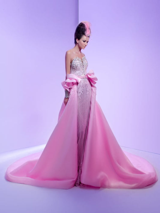 Blush Pink Sculpted Column Gown with Voluminous Detachable Overskirt