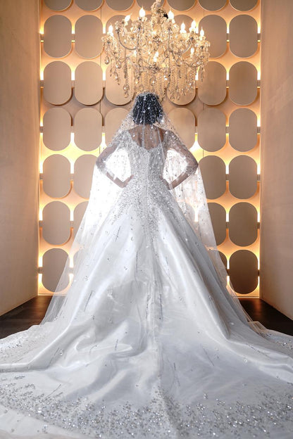 Clarissa Long-Sleeve Crystal & Sequined Royal Ballgown