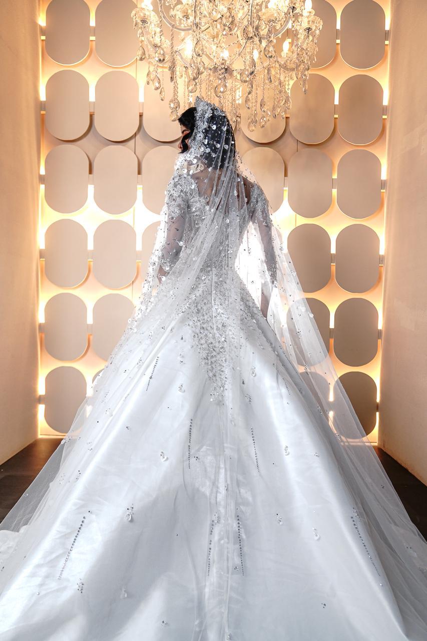 Clarissa Long-Sleeve Crystal & Sequined Royal Ballgown