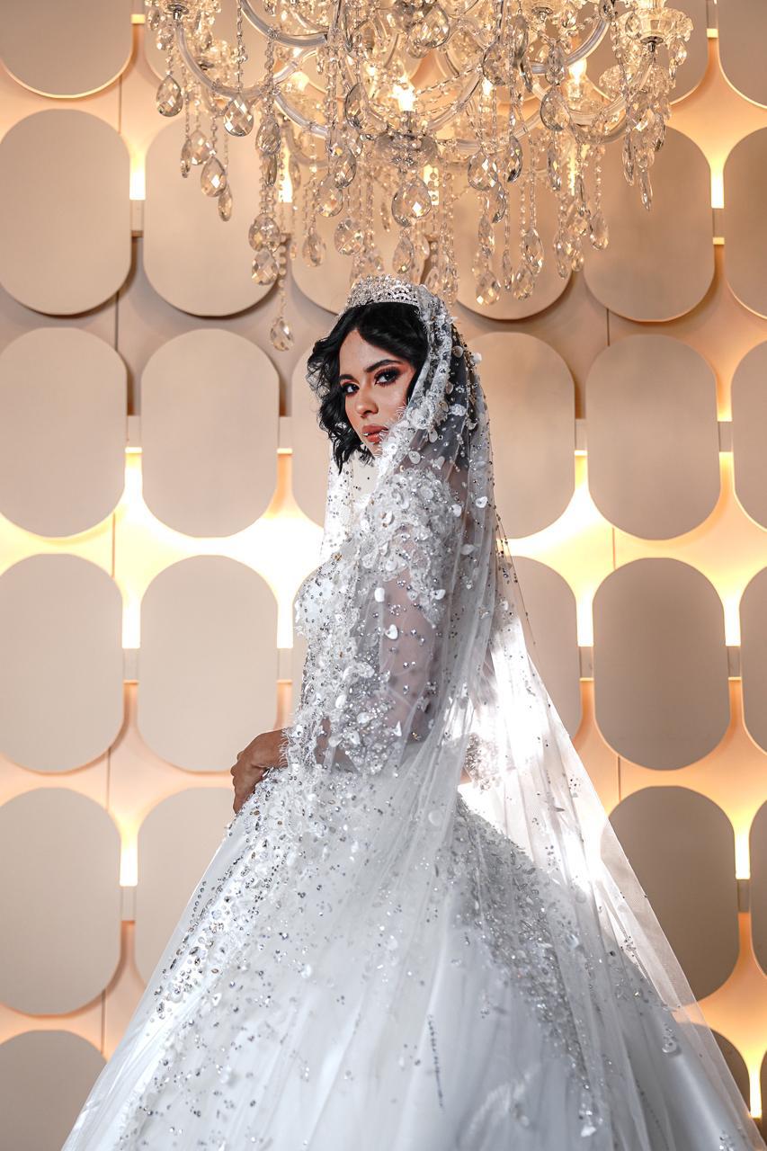 Clarissa Long-Sleeve Crystal & Sequined Royal Ballgown