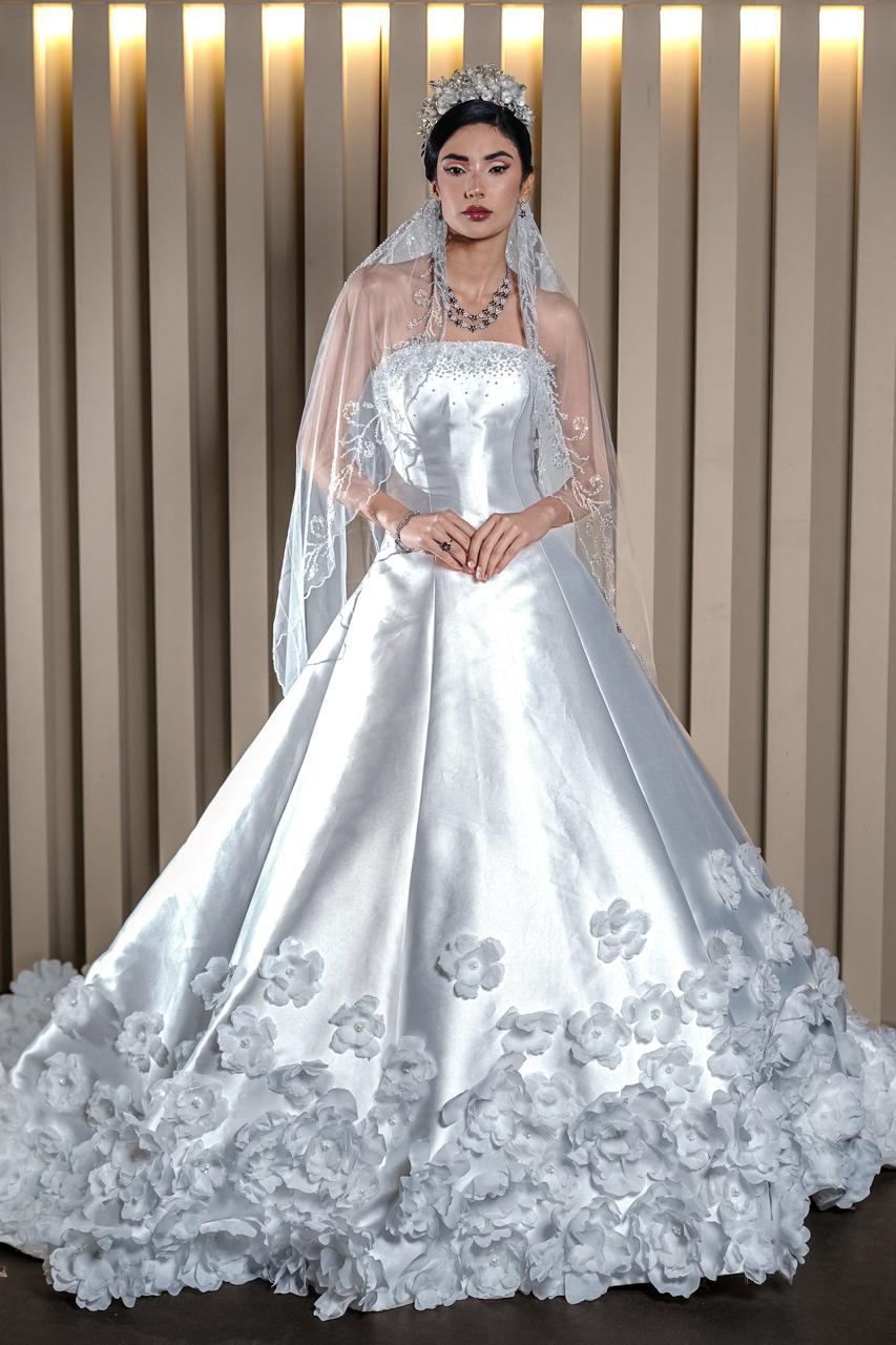 Camila Strapless Satin Ballgown with Cascading 3D Floral Hem