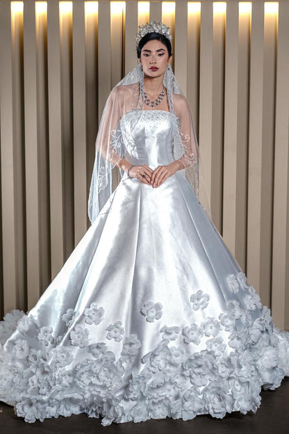 Camila Strapless Satin Ballgown with Cascading 3D Floral Hem