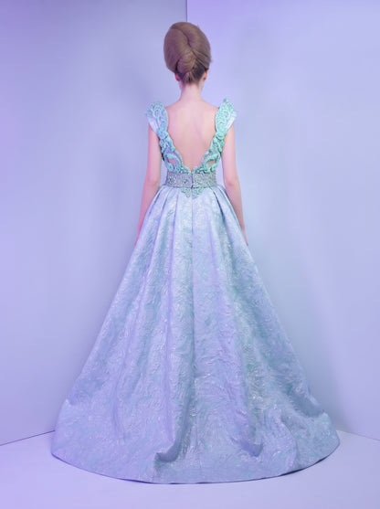 Mint & Metallic Ice Blue Brocade Sculpted Royal Gown