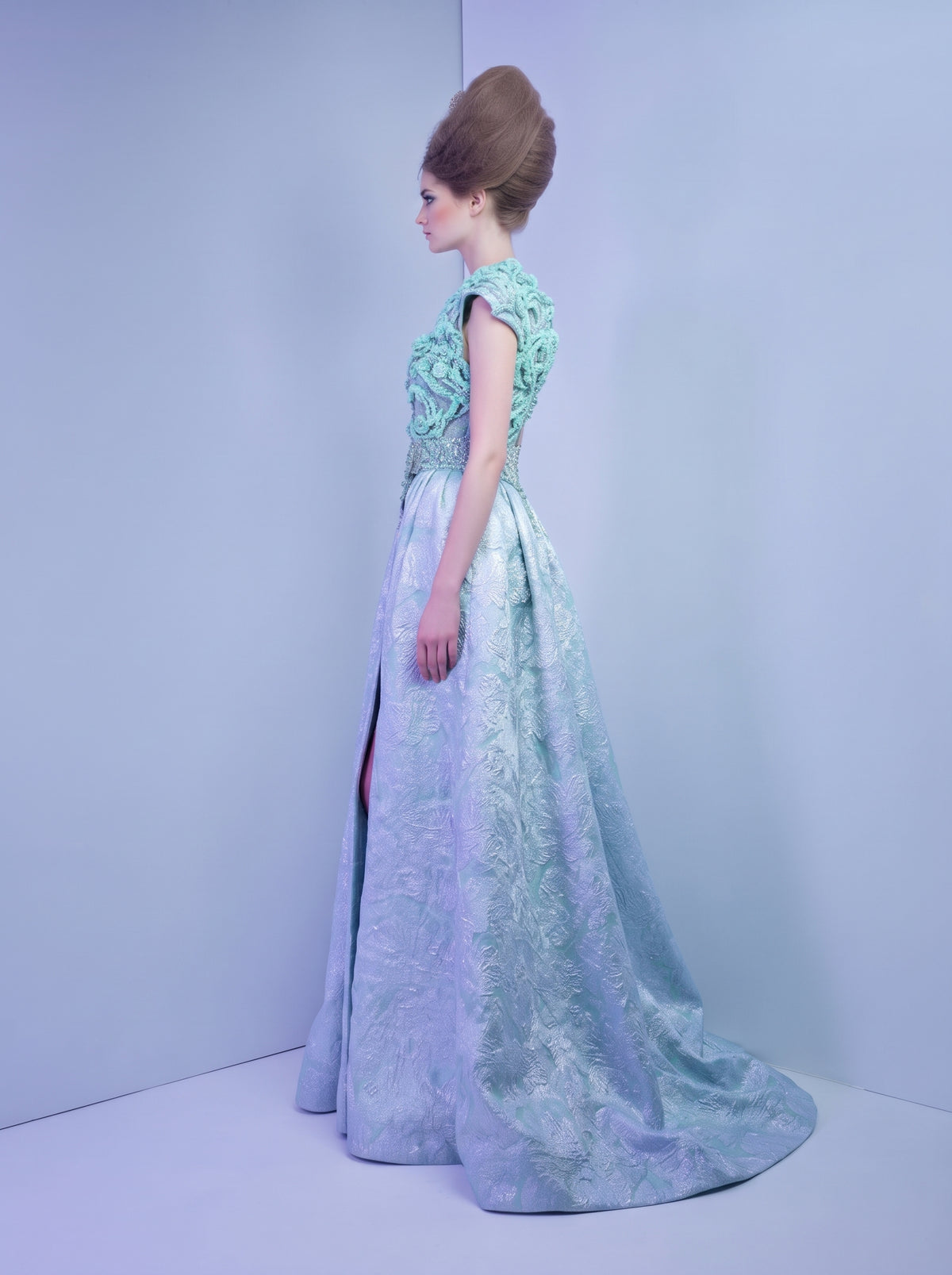 Mint & Metallic Ice Blue Brocade Sculpted Royal Gown