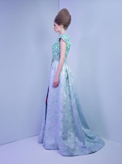 Mint & Metallic Ice Blue Brocade Sculpted Royal Gown