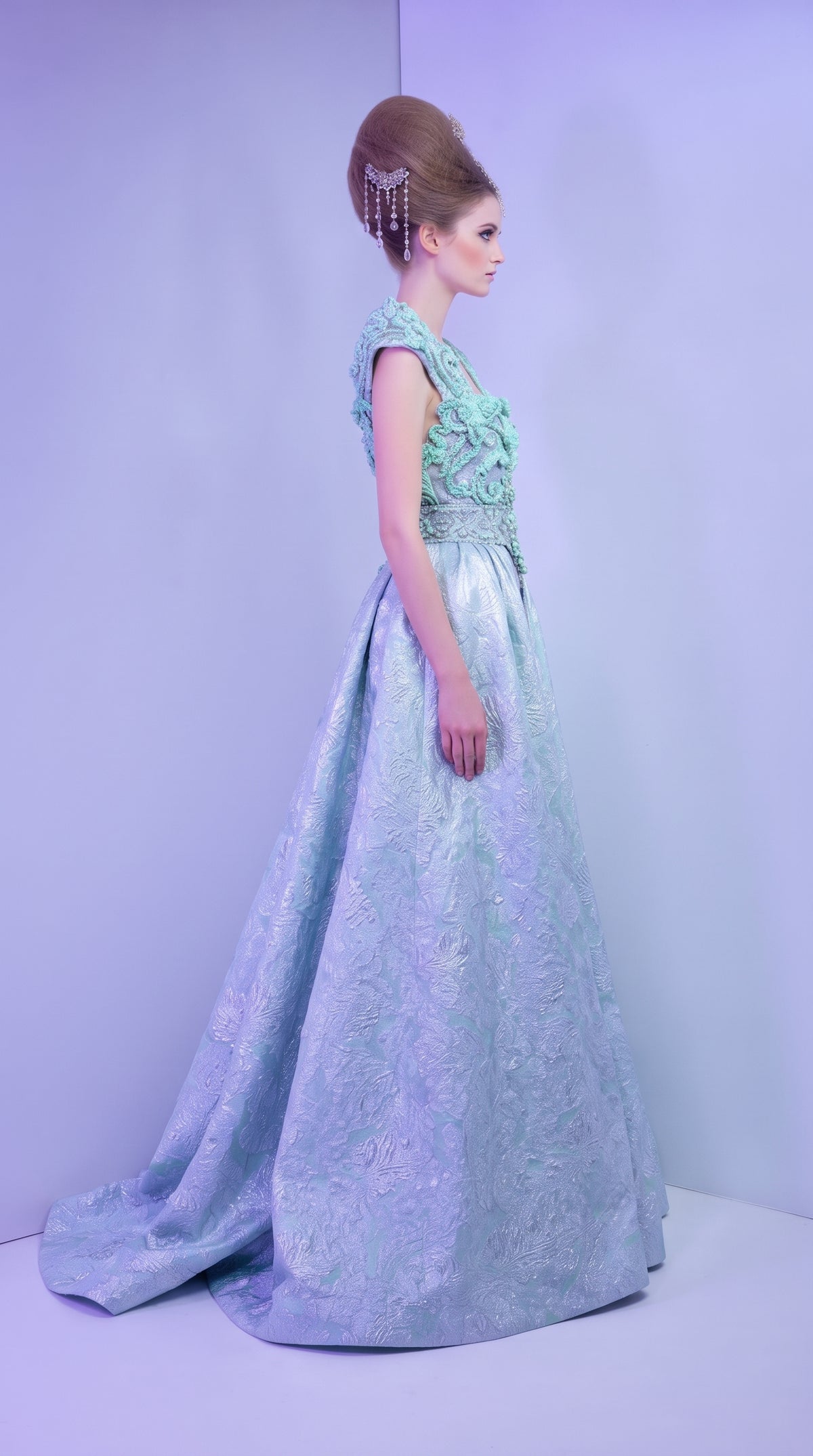 Mint & Metallic Ice Blue Brocade Sculpted Royal Gown