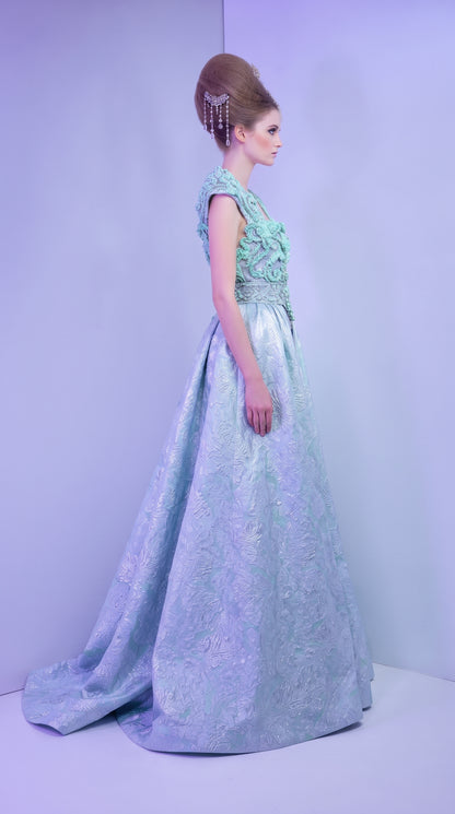 Mint & Metallic Ice Blue Brocade Sculpted Royal Gown