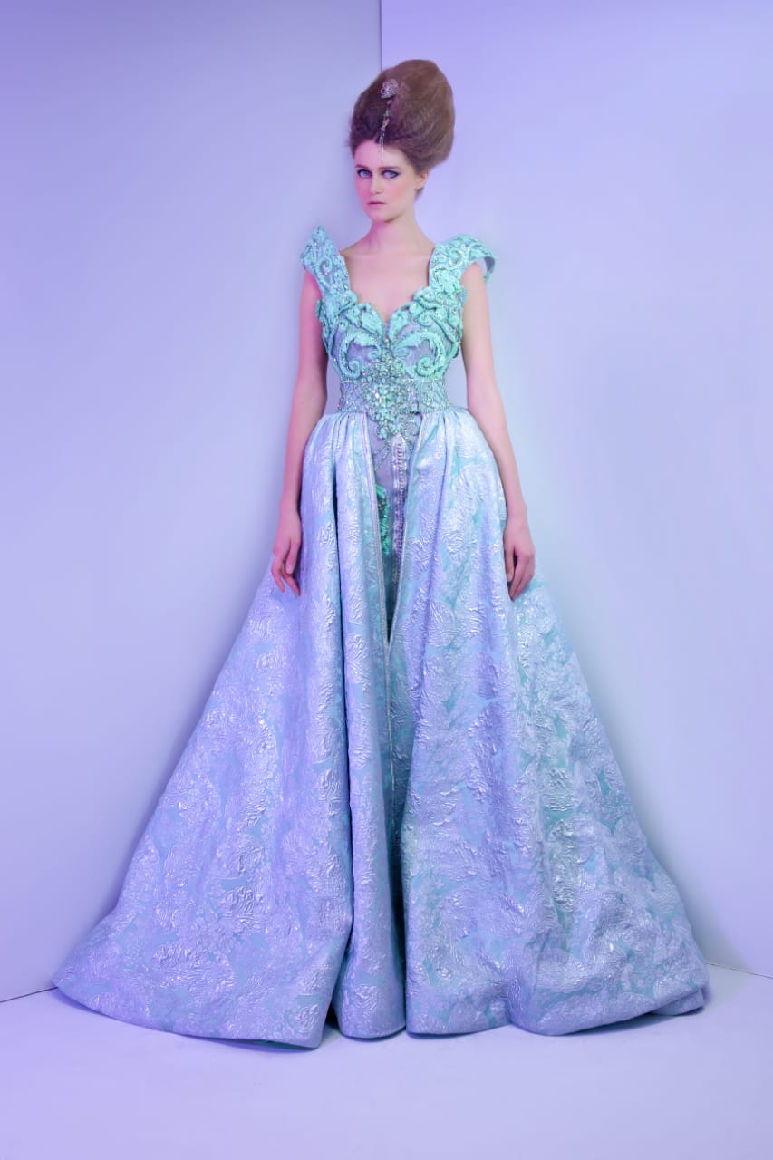 Mint & Metallic Ice Blue Brocade Sculpted Royal Gown