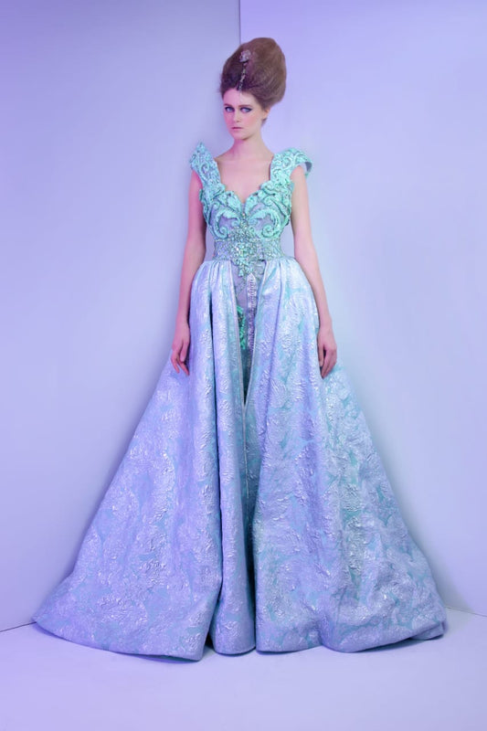 Mint & Metallic Ice Blue Brocade Sculpted Royal Gown