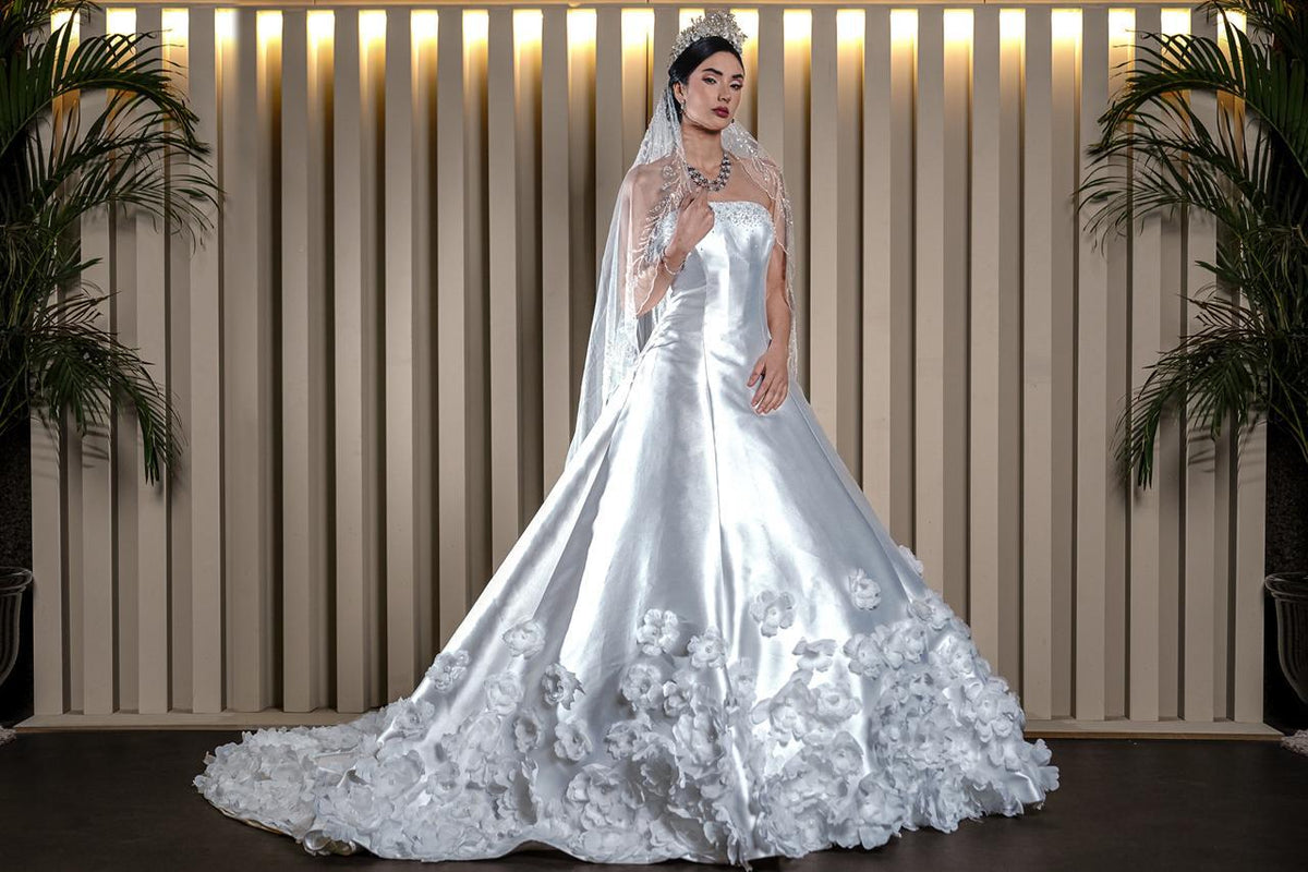 Camila Strapless Satin Ballgown with Cascading 3D Floral Hem