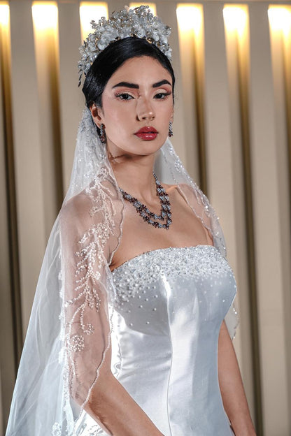 Camila Strapless Satin Ballgown with Cascading 3D Floral Hem
