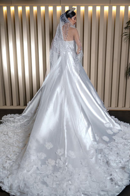 Camila Strapless Satin Ballgown with Cascading 3D Floral Hem
