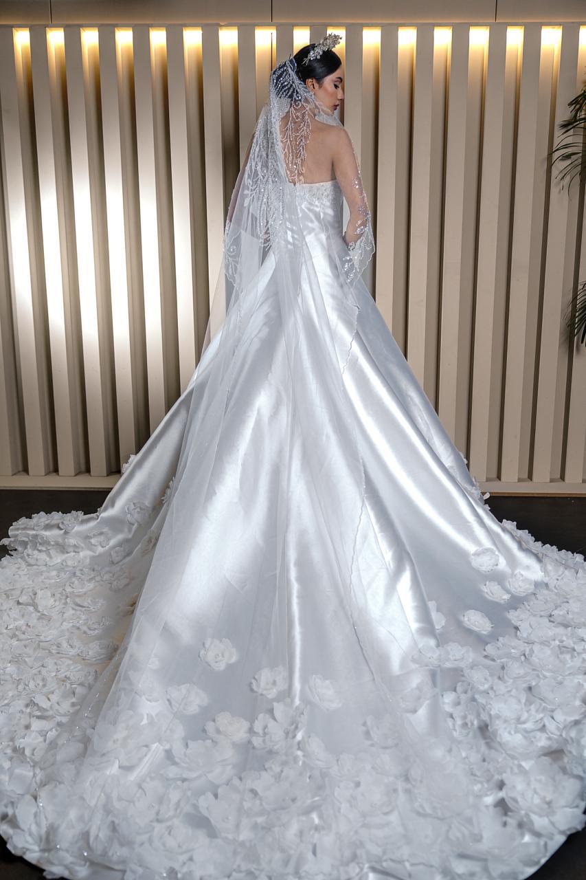 Camila Strapless Satin Ballgown with Cascading 3D Floral Hem