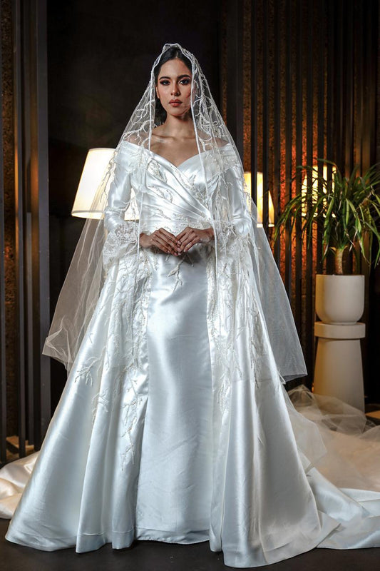 Off-the-Shoulder Draped Satin Gown with Beaded Vine Accents