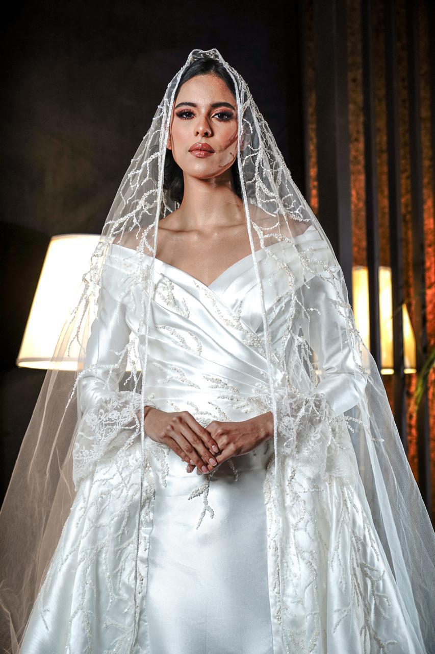 Off-the-Shoulder Draped Satin Gown with Beaded Vine Accents