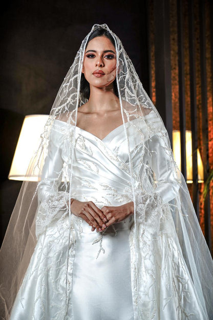 Off-the-Shoulder Draped Satin Gown with Beaded Vine Accents