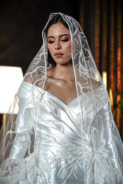 Off-the-Shoulder Draped Satin Gown with Beaded Vine Accents