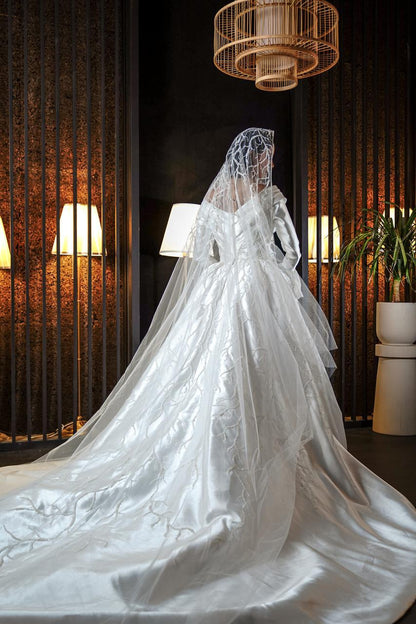 Off-the-Shoulder Draped Satin Gown with Beaded Vine Accents