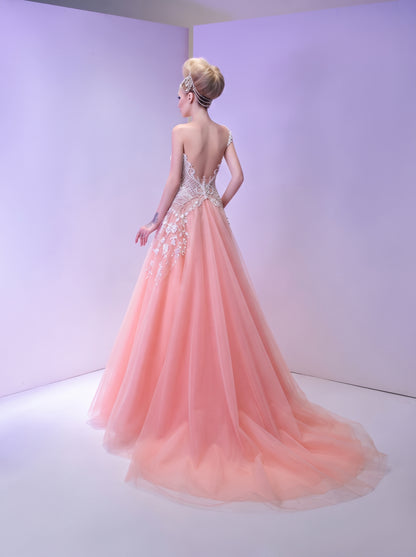 Blush Coral Low-Back Column Gown with Cascading Tulle Train