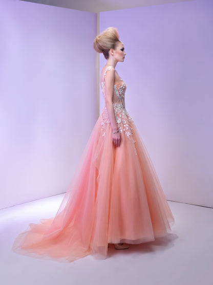 Blush Coral Low-Back Column Gown with Cascading Tulle Train