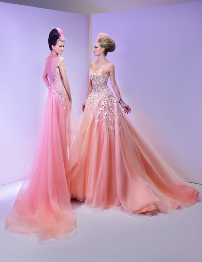 Blush Coral Low-Back Column Gown with Cascading Tulle Train