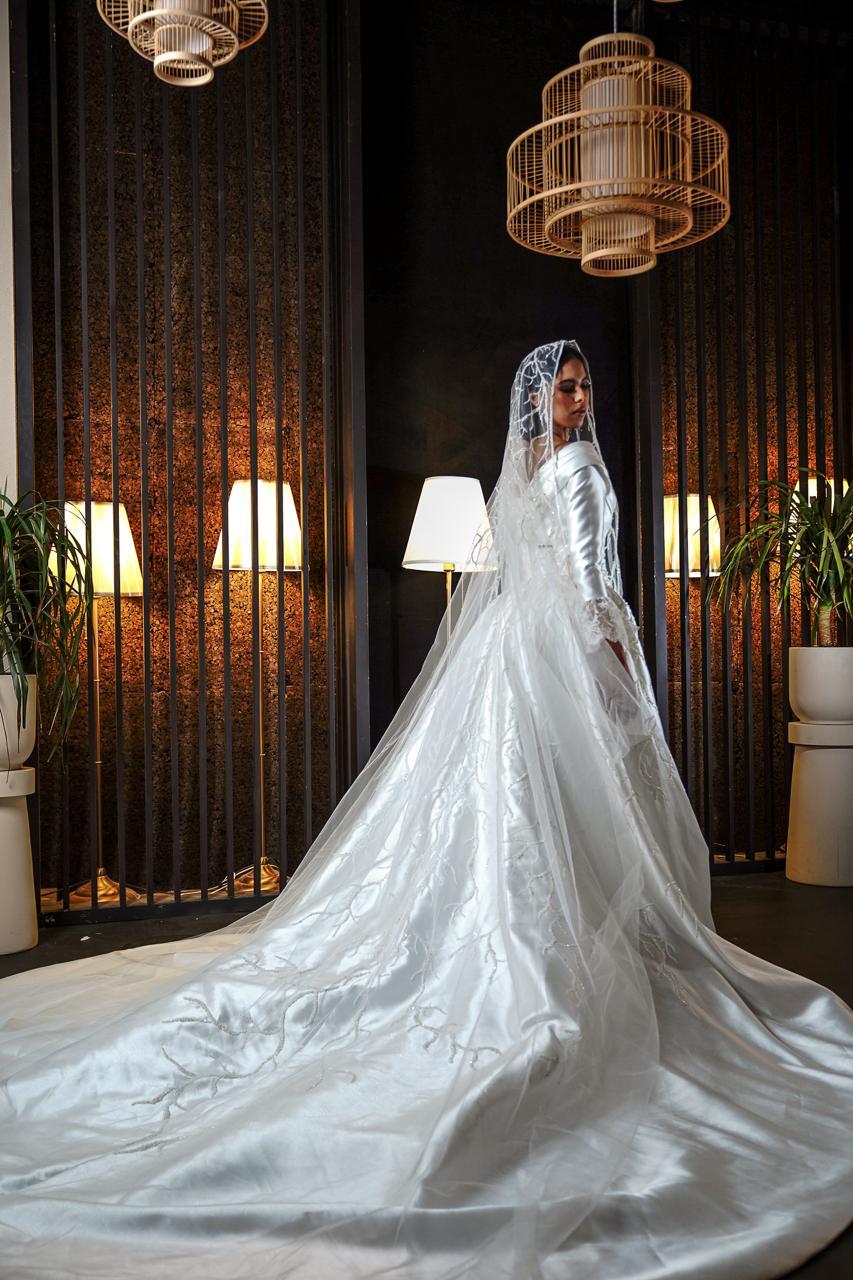 Off-the-Shoulder Draped Satin Gown with Beaded Vine Accents