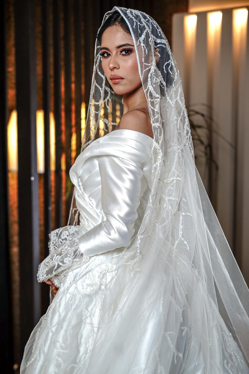 Off-the-Shoulder Draped Satin Gown with Beaded Vine Accents