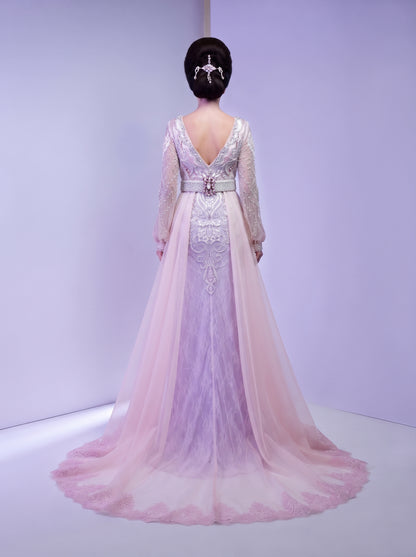 Blush & Lilac Embroidered Kaftan Gown with Floating Tulle Train