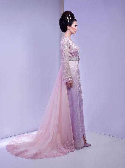 Blush & Lilac Embroidered Kaftan Gown with Floating Tulle Train
