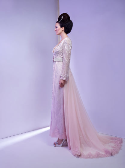 Blush & Lilac Embroidered Kaftan Gown with Floating Tulle Train