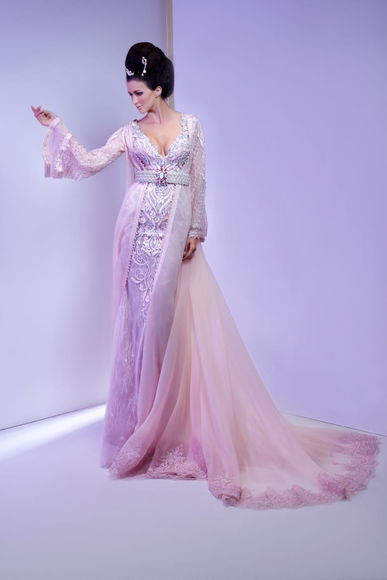 Blush & Lilac Embroidered Kaftan Gown with Floating Tulle Train