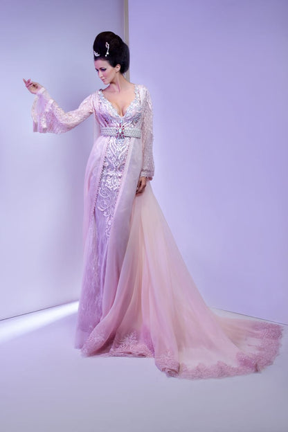 Blush & Lilac Embroidered Kaftan Gown with Floating Tulle Train