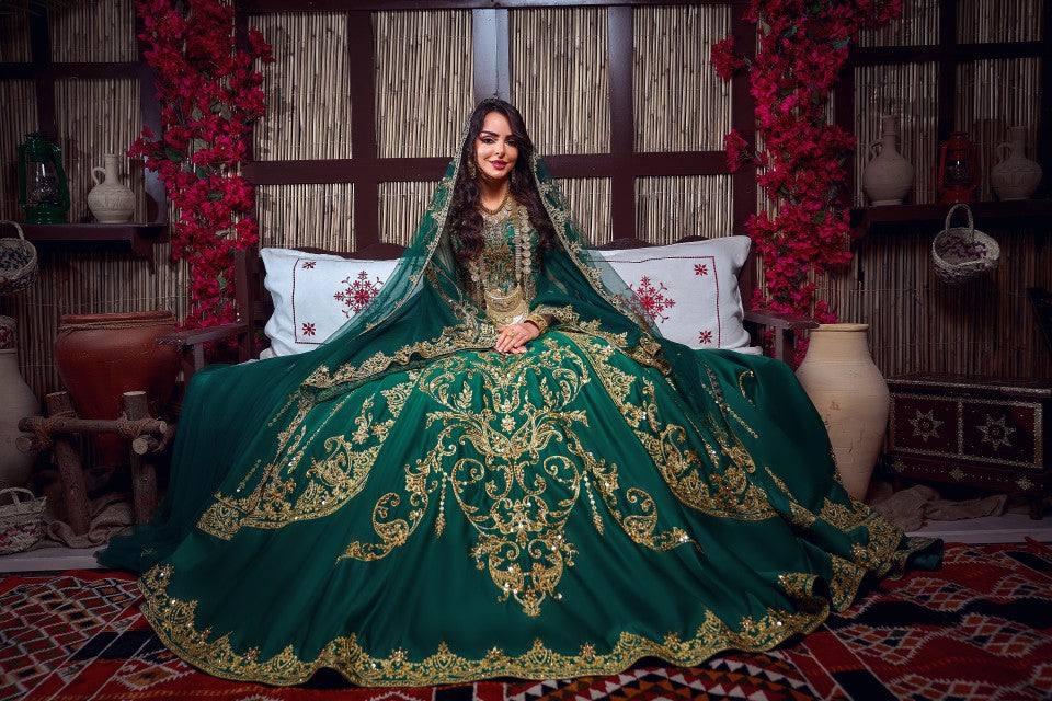 Emerald Green & Gold Embroidered Traditional Henna Gown