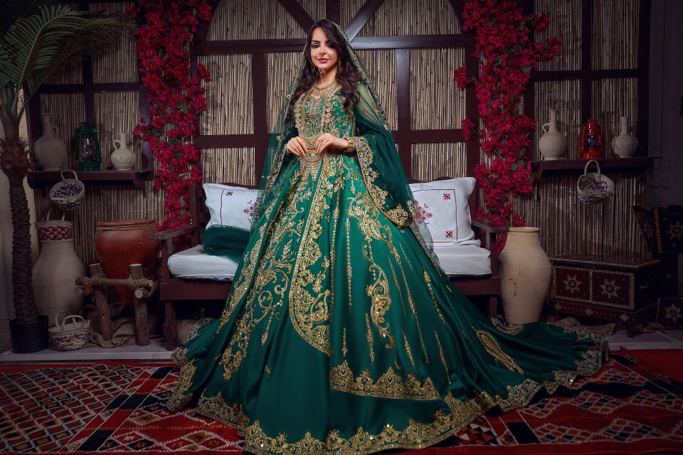 Emerald Green & Gold Embroidered Traditional Henna Gown