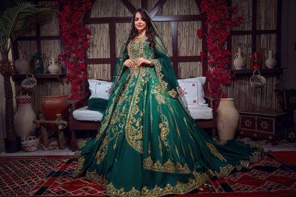 Emerald Green & Gold Embroidered Traditional Henna Gown