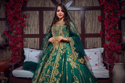 Emerald Green & Gold Embroidered Traditional Henna Gown