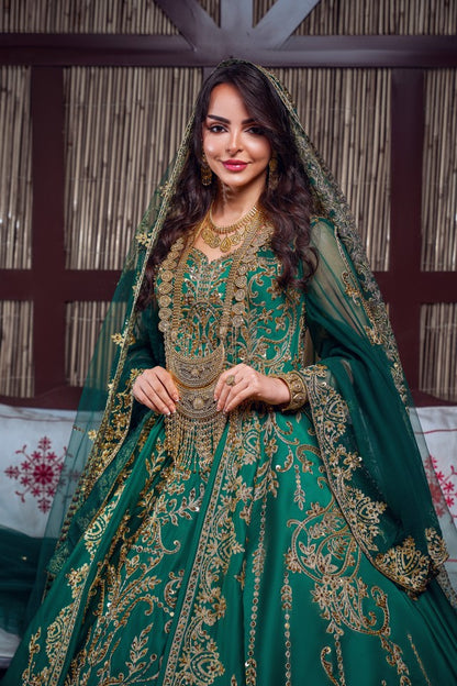 Emerald Green & Gold Embroidered Traditional Henna Gown