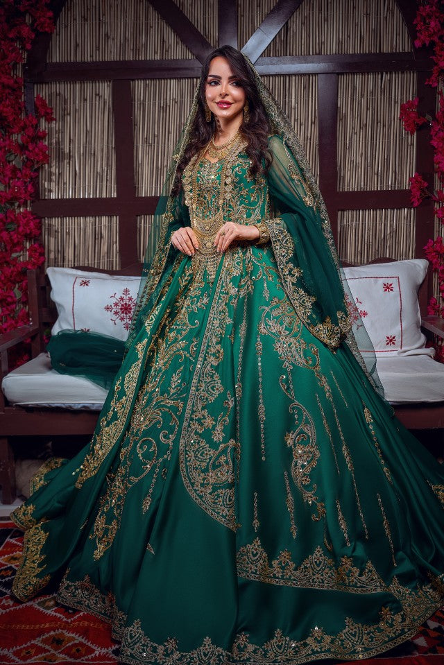 Emerald Green & Gold Embroidered Traditional Henna Gown