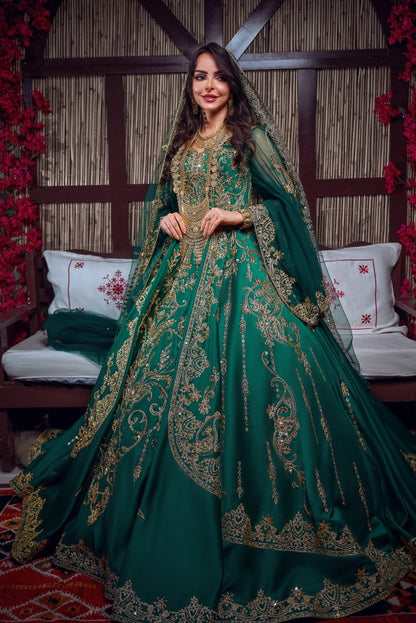 Emerald Green & Gold Embroidered Traditional Henna Gown