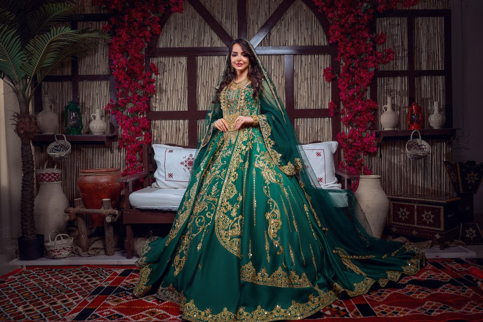 Emerald Green & Gold Embroidered Traditional Henna Gown