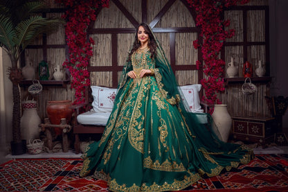Emerald Green & Gold Embroidered Traditional Henna Gown