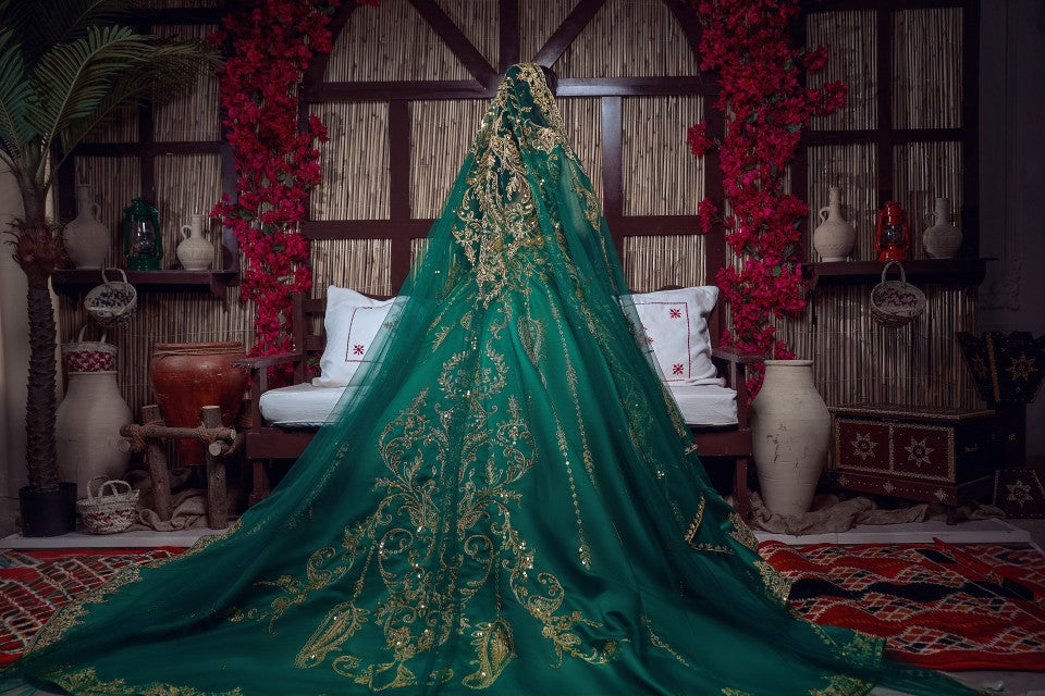 Emerald Green & Gold Embroidered Traditional Henna Gown
