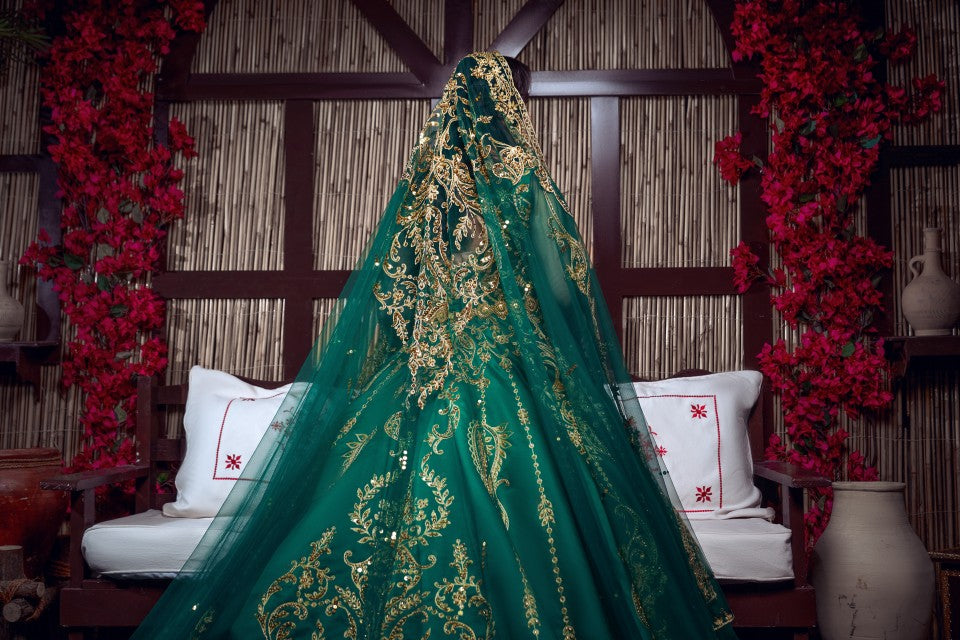 Emerald Green & Gold Embroidered Traditional Henna Gown