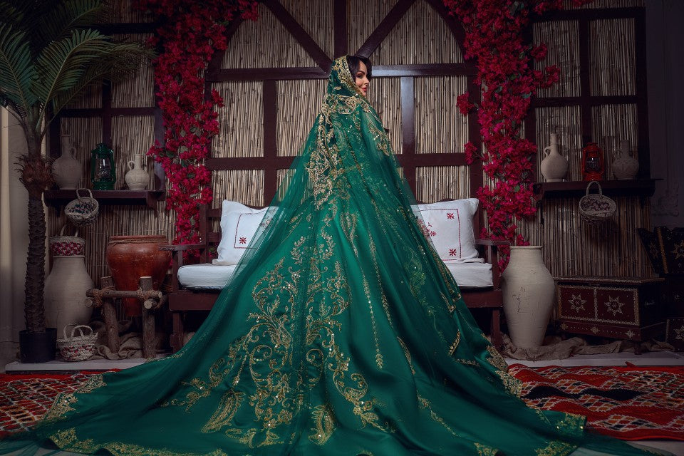Emerald Green & Gold Embroidered Traditional Henna Gown