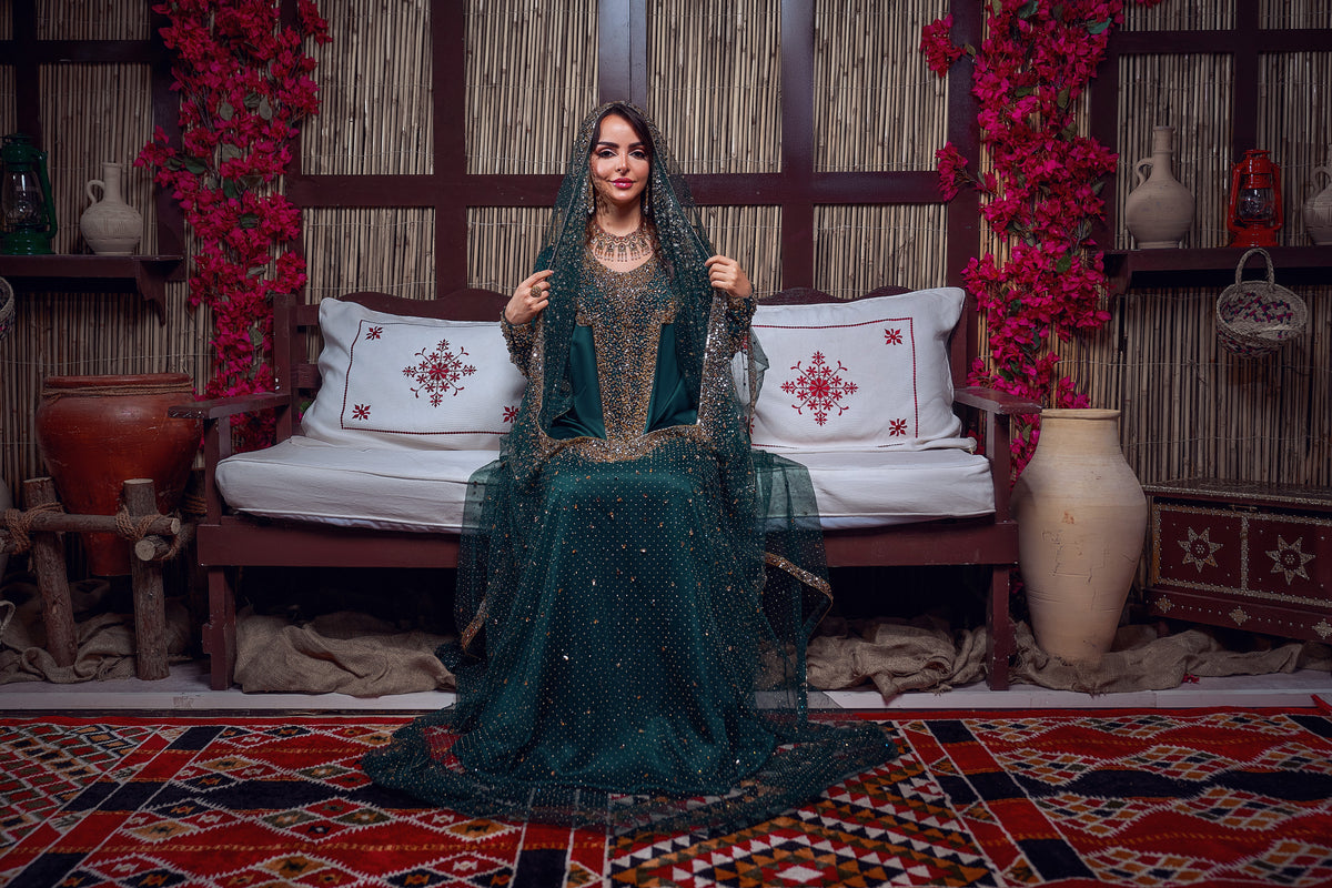 Emerald & Gold Beaded Traditional Jalabiya Gown