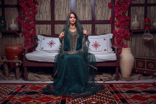 Emerald & Gold Beaded Traditional Jalabiya Gown