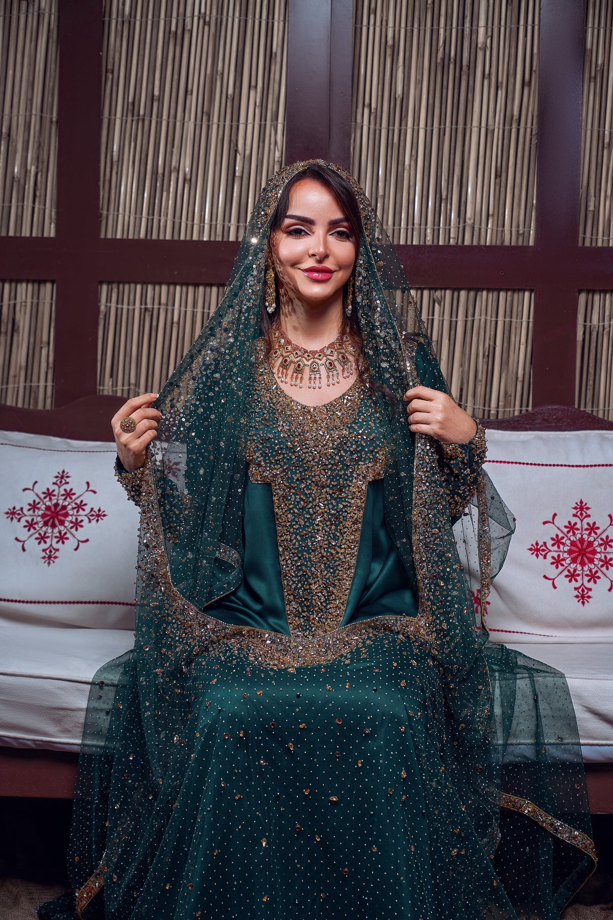Emerald & Gold Beaded Traditional Jalabiya Gown