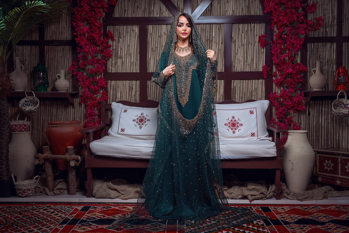 Emerald & Gold Beaded Traditional Jalabiya Gown