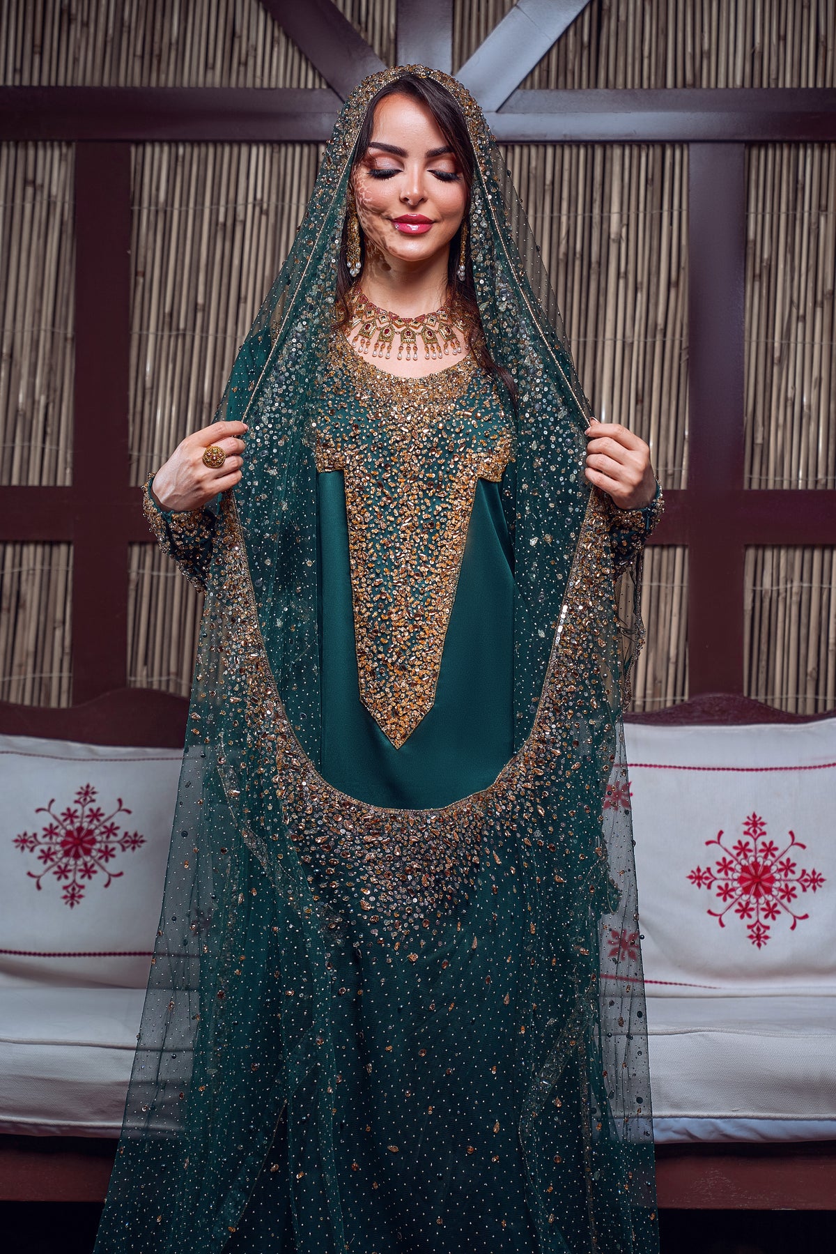 Emerald & Gold Beaded Traditional Jalabiya Gown